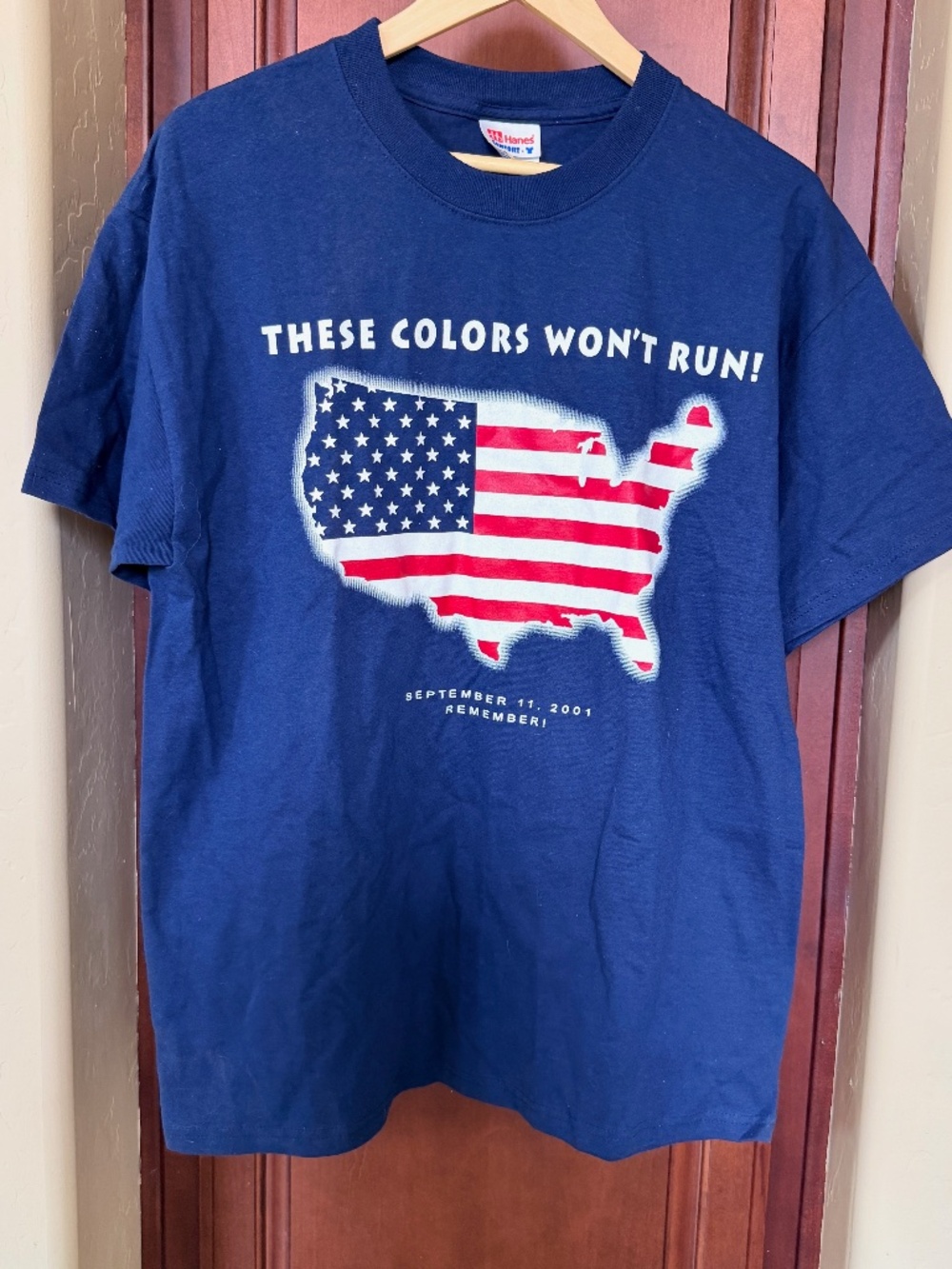 Hanes Comfort Men's Navy Blue Short Sleeve Tee.Patriotic 9/11 Theme. Sz L 42/44